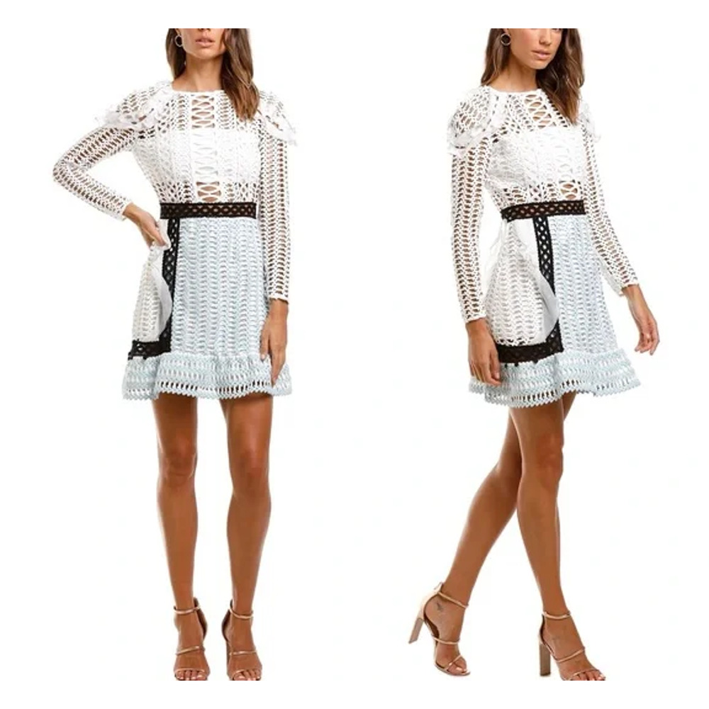 NWT SELF-PORTRAIT White Blue Frill Shoulder Panel Lace Mini Dress US6/UK10 $475